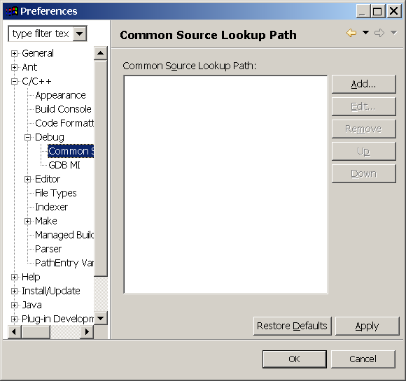 Debug Source Code Locations Preferences