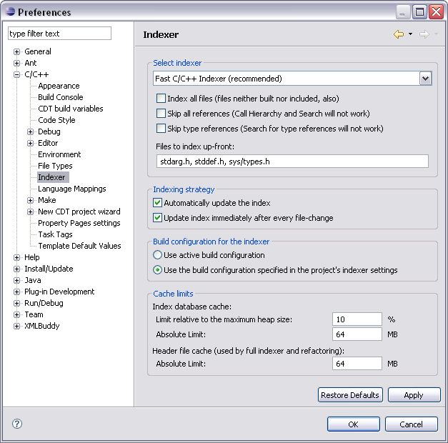 Indexer Preferences Window