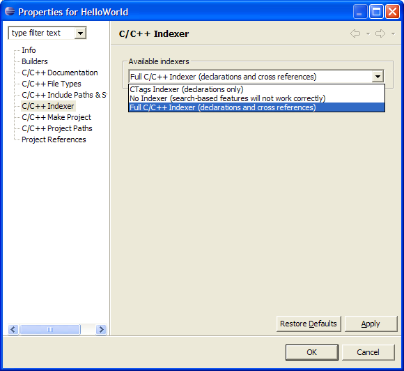 Full C/C++ Indexer Properties