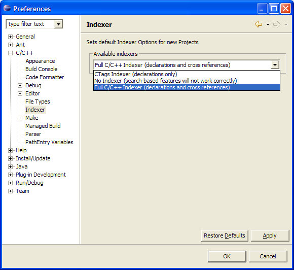 Indexer Preferences Window