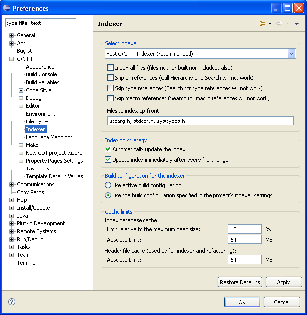 Indexer Preferences Window